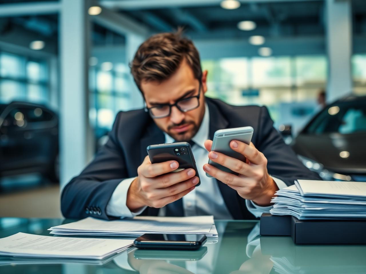 Vendedor sobrecarregado com celular e mensagens acumuladas na mesa de atendimento