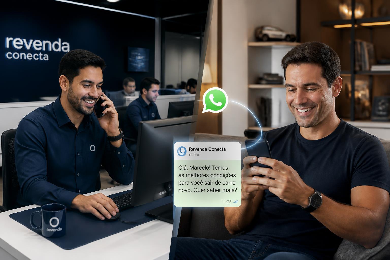 Montagem: de um lado o atendente na revenda, do outro o cliente final no celular, conectados pelo WhatsApp